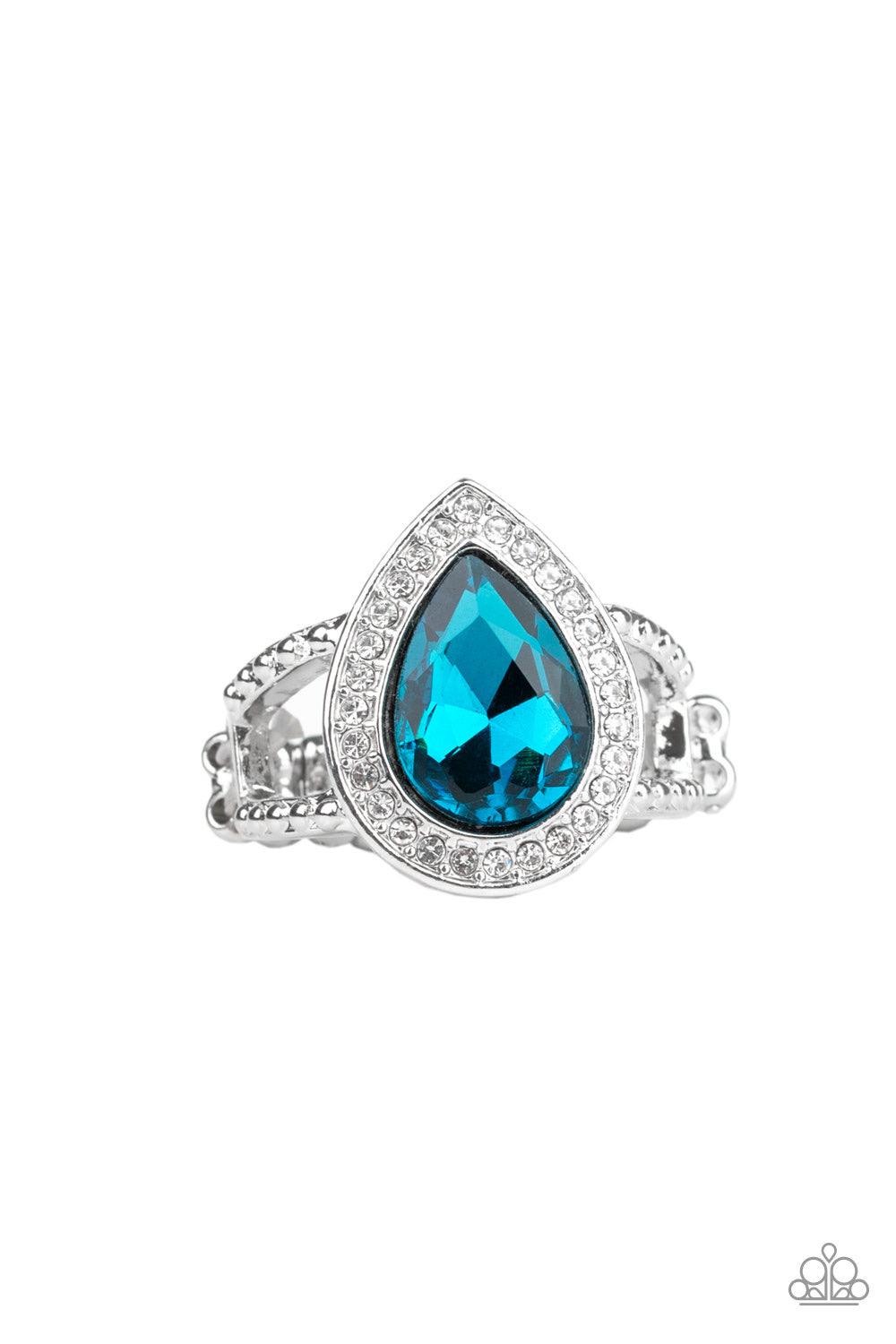 Paparazzi Accessories Hollywood Heirloom - Blue A glassy blue teardrop gem is pressed into a glistening silver frame encrusted in dainty white rhinestones, creating a glamorous frame atop the finger. Features a dainty stretchy band for a flexible fit. Jew