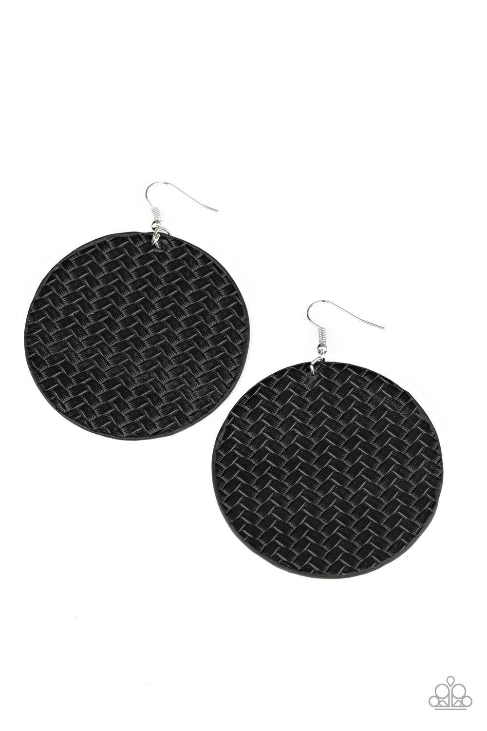 Paparazzi Accessories Weave Your Mark ~Black Shiny black cording weaves into a plaited frame for a colorfully rustic look. Earring attaches to a standard fishhook fitting. Sold as one pair of earrings.