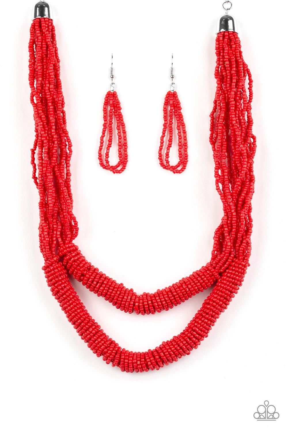 Paparazzi Accessories Right As RAINFOREST ~Red Countless layers of fiery red seed beads drape below the collar. Additional strands of red seed beads wrap around the center of the layers, creating two bulky rows for a seasonal flair. Features an adjustable
