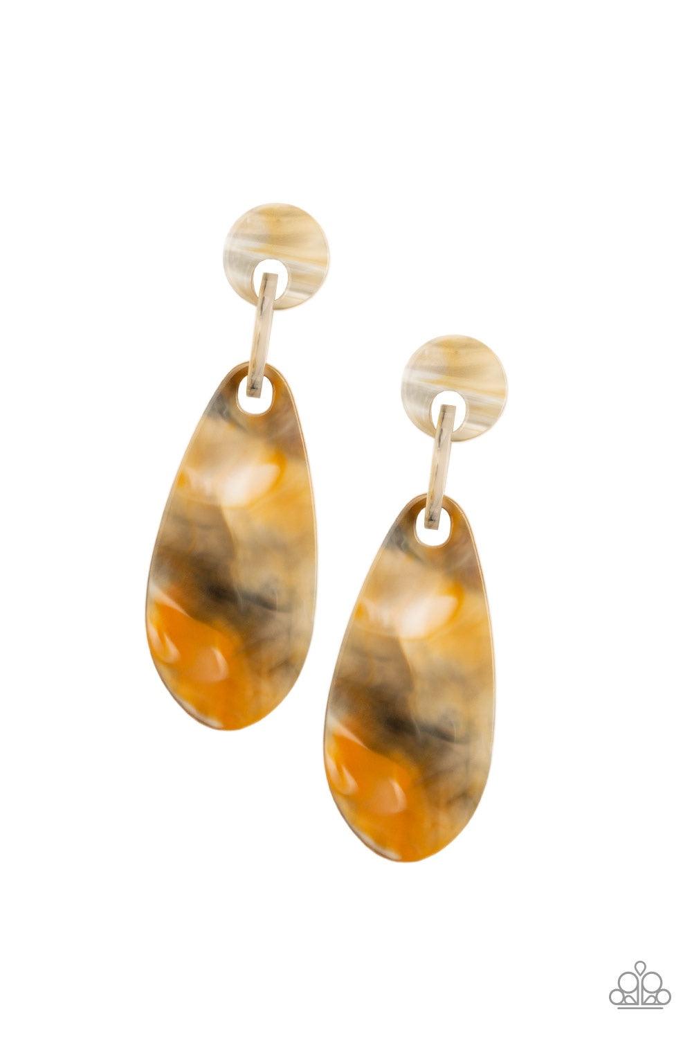 Paparazzi Accessories A HAUTE Commodity - Yellow Brushed in a faux marble finish, smoky acrylic frames attach into a retro lure. Colors may vary. Earring attaches to a standard post fitting. Jewelry