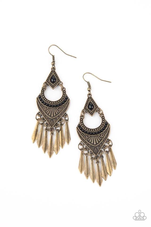 Paparazzi Accessories TrailBlazer Bleam - Brass Featuring black beaded accents, mismatched studded and geometrically embossed brass frames give way to a fringe of flared brass bars for an edgy finish. Earring attaches to a standard fishhook fitting. Jewel