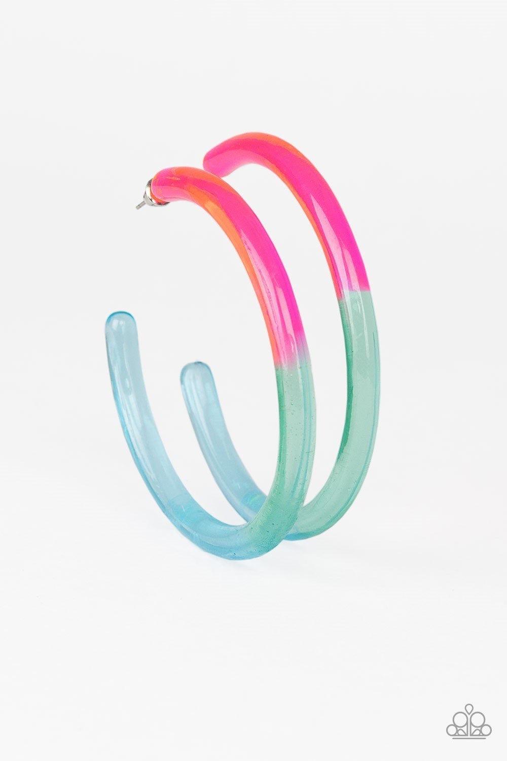 Paparazzi Accessories Awesome Aura - Multi A colorful acrylic hoop fades from pink to green to blue for a retro inspired look. Earring attaches to a standard post fitting. Hoop measures approximately 2 1/4" in diameter. Jewelry