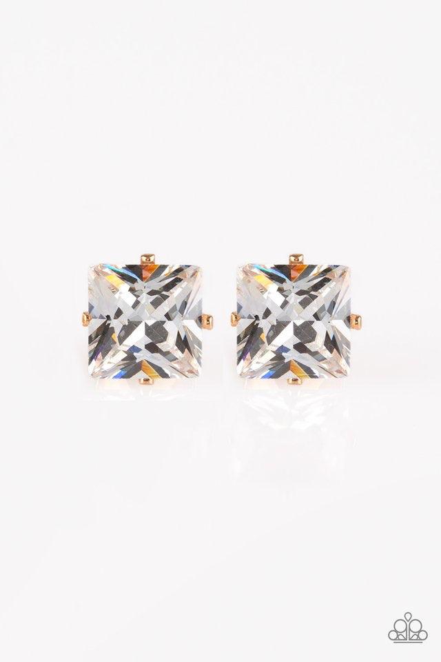 Paparazzi Accessories Prima Donna Drama - Gold Featuring a regal princess style cut, an oversized white gem sits atop a classic gold frame in a dramatic finish. Earring attaches to a standard post fitting. Jewelry