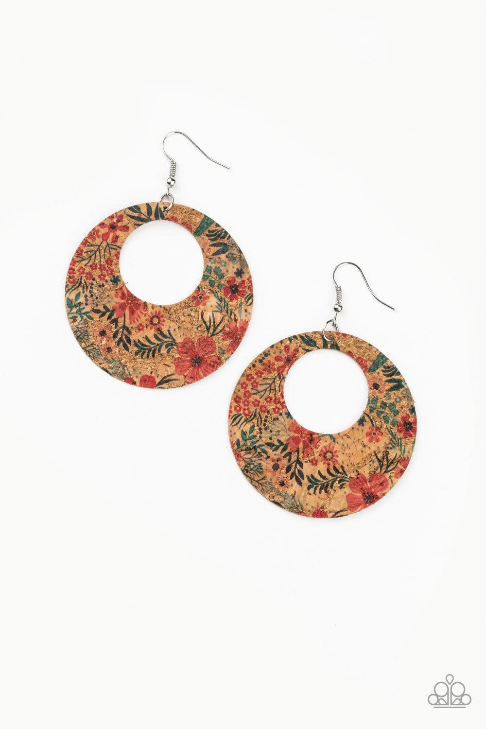 Paparazzi Accessories Put A Cork In It - Red Painted in a colorful floral print, a cork-like hoop swings from the ear in a seasonal fashion. Earring attaches to a standard fishhook fitting. Jewelry