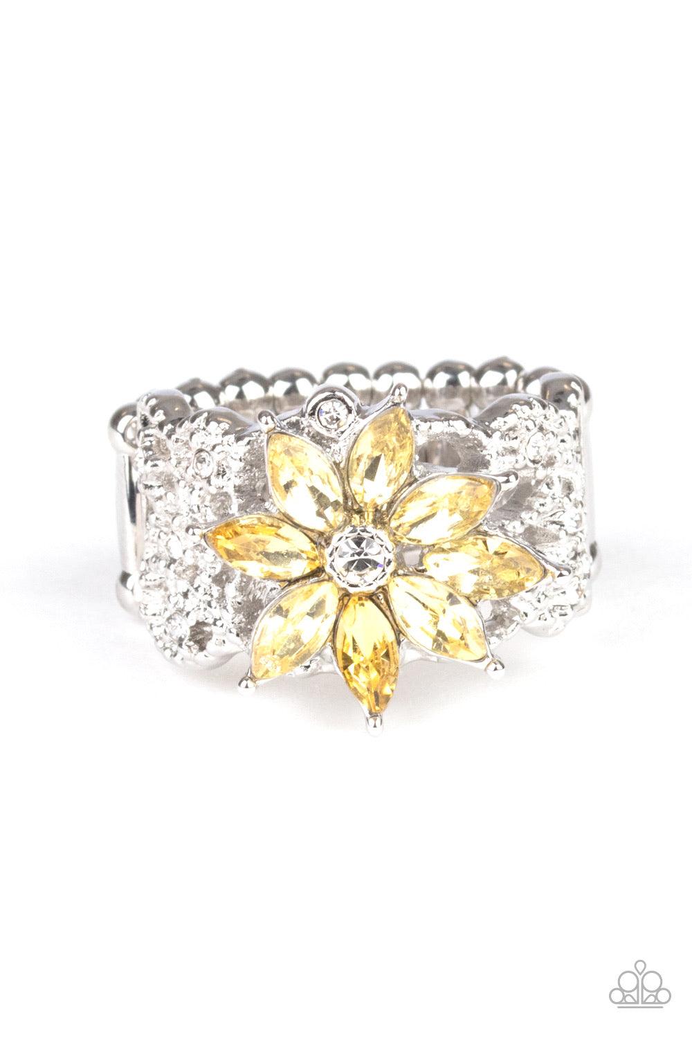 Paparazzi Accessories Brilliantly Blooming - Yellow Featuring yellow marquise rhinestone petals, a glittery flower blooms atop an interweaving silver band dotted with dainty white rhinestones and studded texture. Features a stretchy band for a flexible fi