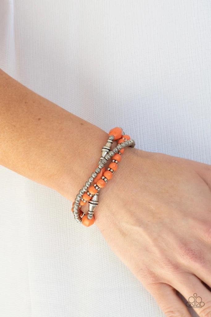 Paparazzi Accessories Sahara Sanctuary - Orange An earthy collection of mismatched orange stones and ornate silver beads are threaded along stretchy bands around the wrist for a colorful artisan flair. Sold as one set of three bracelets. Jewelry