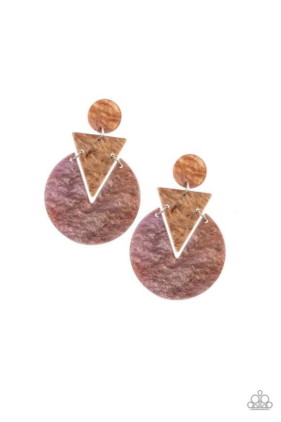 Paparazzi Accessories Head Under WATERCOLORS - Brown Swirling with watercolor-like patterns, glittery brown acrylic frames connect into an abstract lure for a retro look. Colors may vary. Earring attaches to standard post fitting.Sold as one pair of post