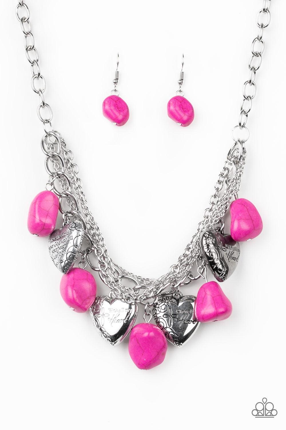 Paparazzi Accessories Change of Heart - Pink Pink faux rocks alternate with heart charms along a chunky silver chain. Hearts are inscribed with the phrase "With All My Heart" on one side and a short bible verse on the other that reads, "Love the Lord thy