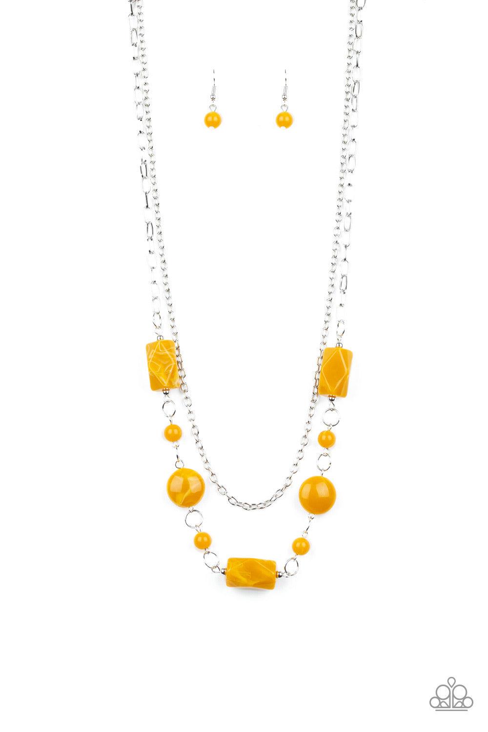 Paparazzi Accessories Colorfully Cosmopolitan - Yellow Infused with a plain silver chain, a collection of round and faceted yellow acrylic beads link below the collar for a whimsically colorful finish. Features an adjustable clasp closure. Jewelry