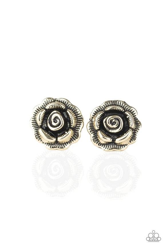 Paparazzi Accessories Best ROSEBUDS - Brass Etched in lifelike textures, antiqued brass petals gather into a dainty rosebud for a whimsical look. Earring attaches to a standard post fitting. Sold as one pair of post earrings. Jewelry