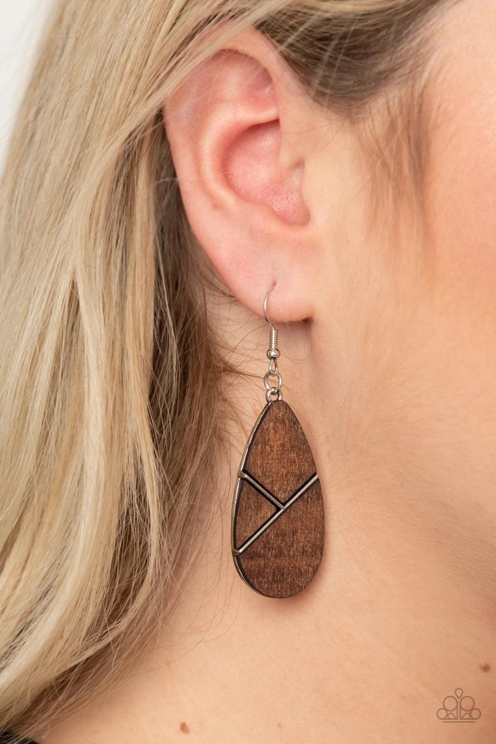 Paparazzi Accessories Sequoia Forest - Brown Flat brown wooden frames piece together across the front of a silver teardrop, creating an earthy geometric lure. Earring attaches to a standard fishhook fitting. Sold as one pair of earrings. Jewelry