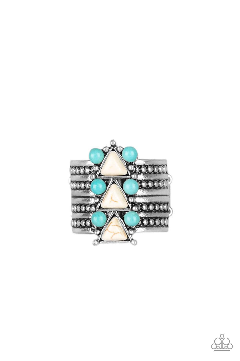 Paparazzi Accessories Point Me To Phoenix - Blue Round turquoise stones and white triangular stones are pressed down the center of a thick silver band radiating with studded silver textures for an indigenous look. Features a stretchy band for a flexible f