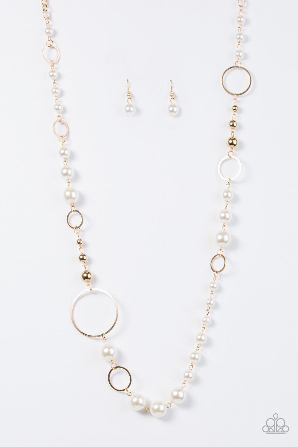 Paparazzi Accessories Lady Etiquette - Gold Luminescent pearls and classic gold beads join shimmery gold hoops along a gold chain for a timeless look. Features an adjustable clasp closure. Jewelry