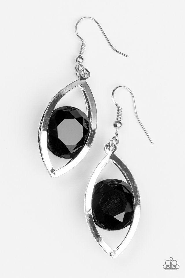 Paparazzi Accessories Your Eyes Only - Black Featuring an elegant prism style cut, a dramatic black gem is pressed into the center of a silver marquise shaped frame for an elegant look. Earring attaches to a standard fishhook fitting. Jewelry