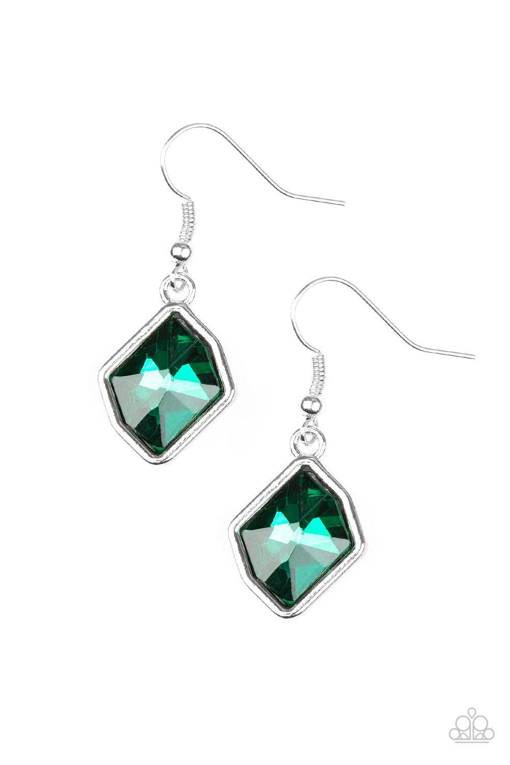 Paparazzi Accessories Glow It Up - Green A faceted green gem is pressed into an abstract silver frame for a refined look. Earring attaches to a standard fishhook fitting. Jewelry
