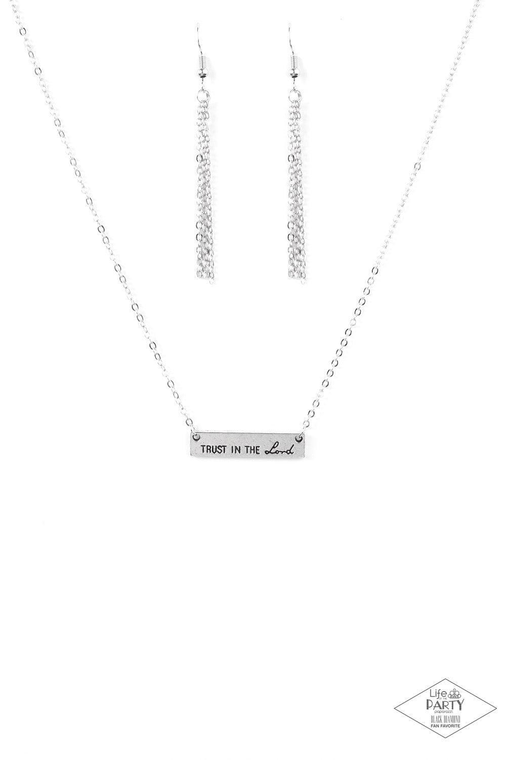Paparazzi Accessories Trust In The Lord ~Silver Brushed in an antiqued shimmer, a rectangular silver pendant is engraved in the phrase “Trust in the Lord” for an inspirational finish. Features an adjustable clasp closure.
