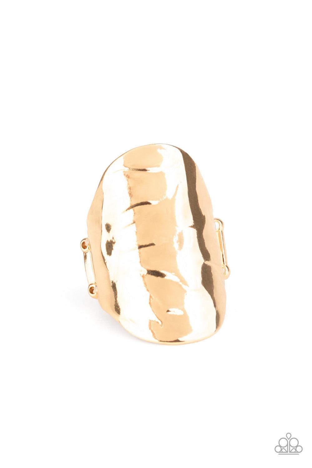 Paparazzi Accessories Retro Ripple - Gold Wavy texture is embossed across the front of a thick gold frame, creating a retro inspired centerpiece. Features a stretchy band for a flexible fit. Sold as one individual ring. Jewelry