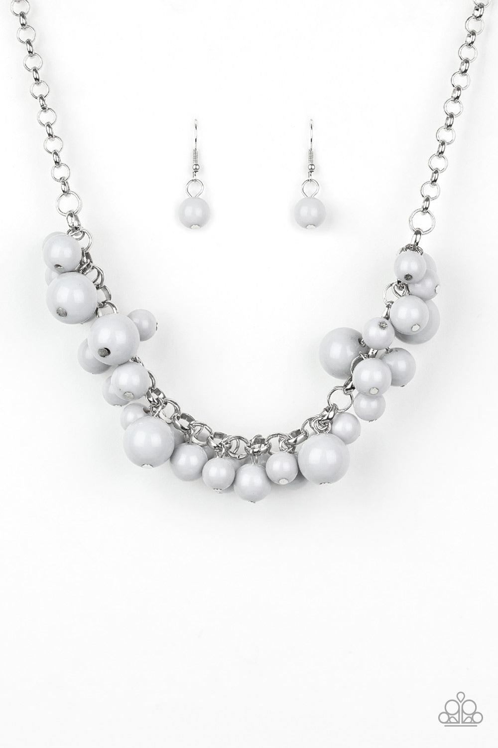 Paparazzi Accessories Walk This BROADWAY ~Silver A collection of bubbly gray beads swing from the bottom of a shimmery silver chain, creating a vivacious fringe below the collar. Features an adjustable clasp closure. Sold as one individual necklace. Inclu