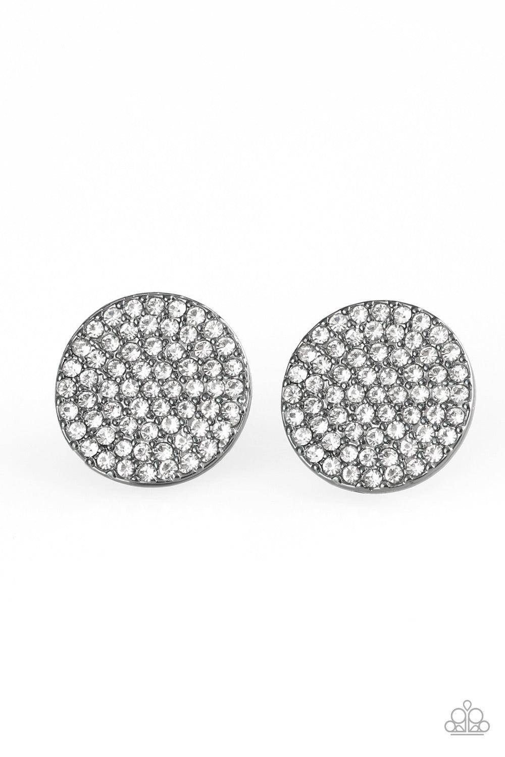Paparazzi Accessories Radiant Ripples - Black A glistening gunmetal frame is encrusted in countless white rhinestones, creating out of this world sparkle. Earring attaches to a standard post fitting. Jewelry