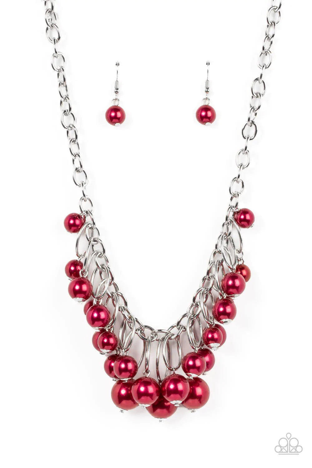 Paparazzi Accessories Powerhouse Pose - Red Oversized red pearls dance from the bottoms of shiny silver ovals that delicately cluster along a chunky silver chain, resulting in a luxurious fringe below the collar. Features an adjustable clasp closure. Sold