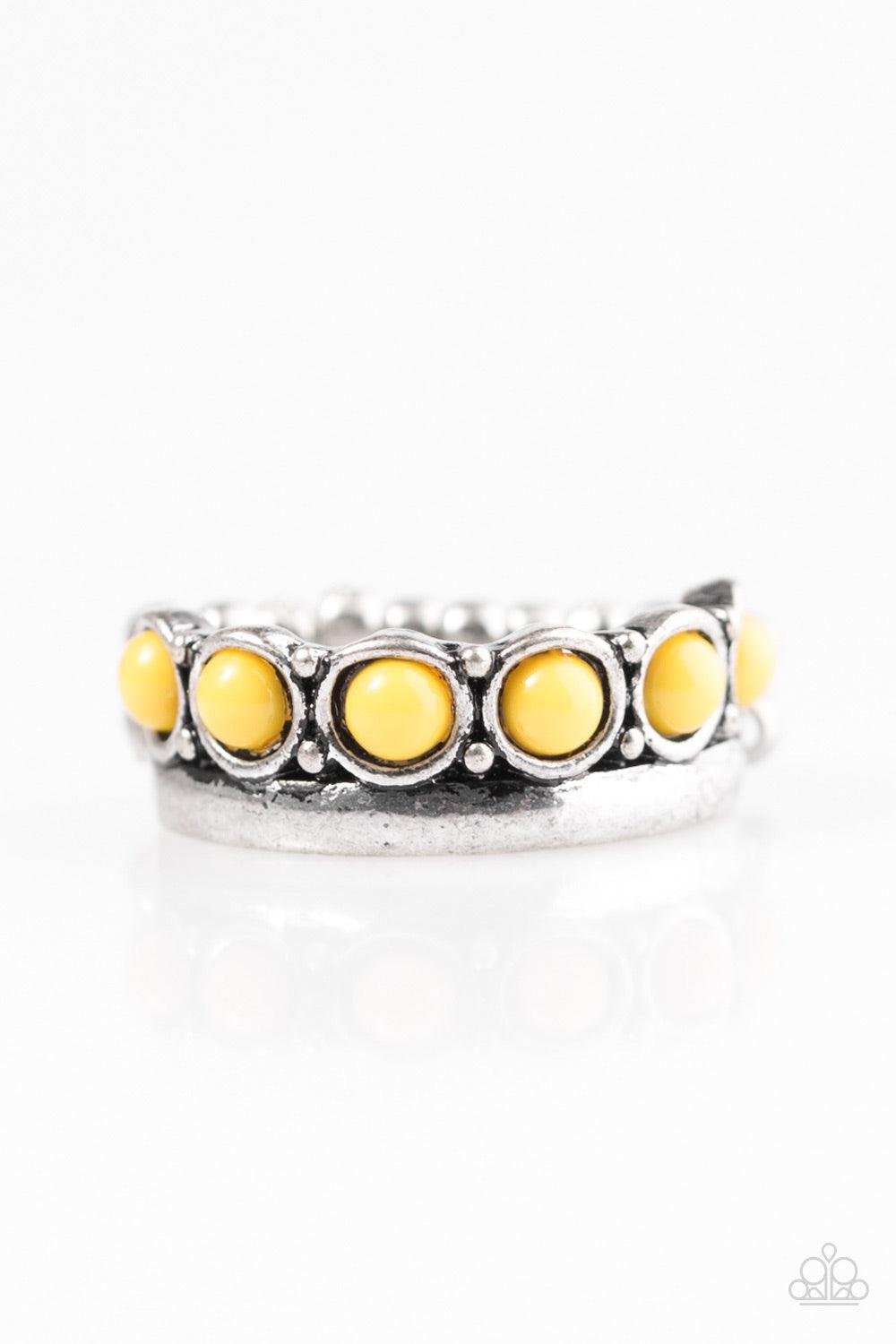 Paparazzi Accessories Country Couture - Yellow Sunny yellow beads are pressed into a dainty silver band for a rustic look. Features a dainty stretchy band for a flexible fit. Jewelry