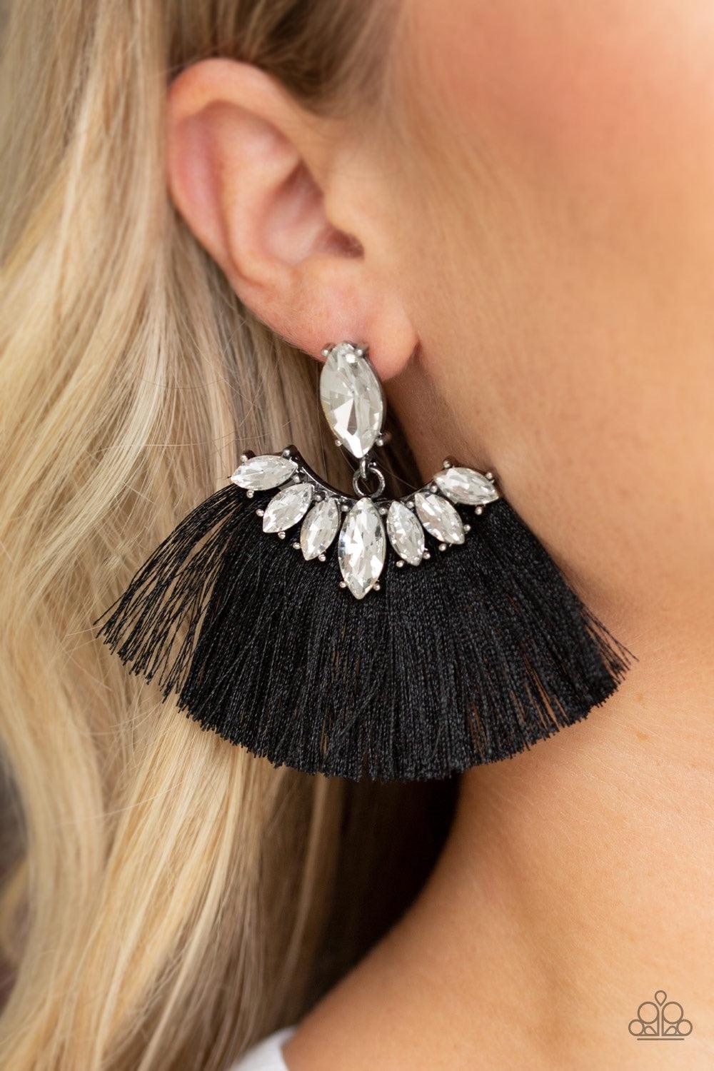 Paparazzi Accessories Formal Flair - Black A solitaire marquise-cut rhinestone gives way to a plume of shiny black thread crowned in a matching rhinestone encrusted fringe for a glamorous look. Earring attaches to a standard post fitting. Jewelry