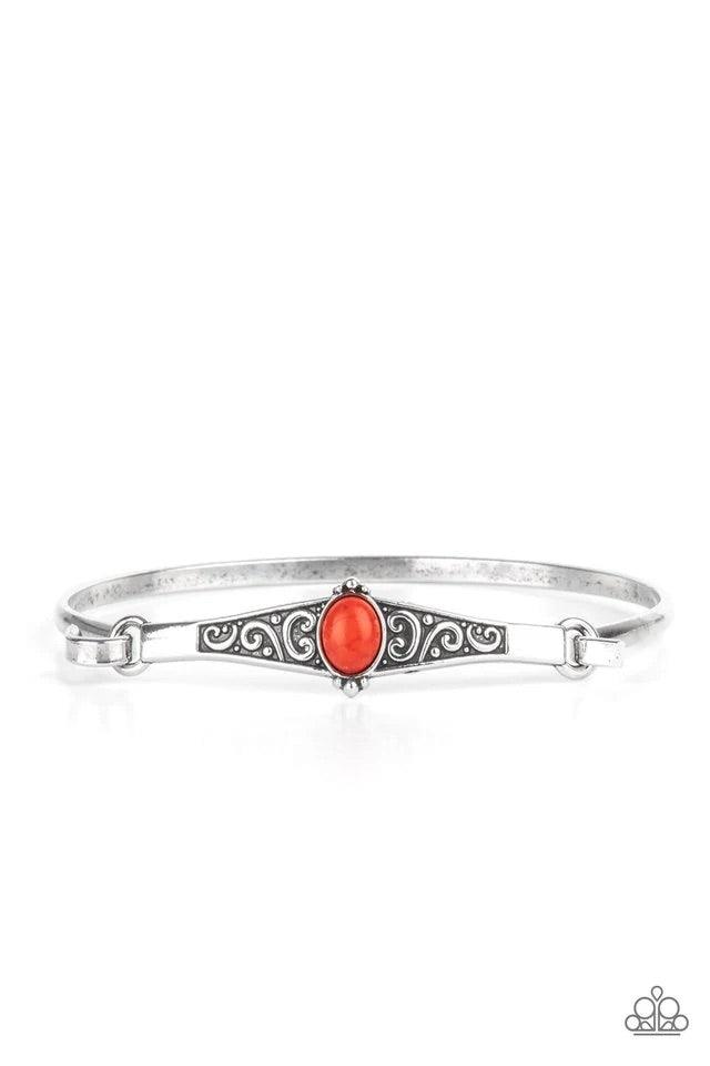 Paparazzi Accessories Stone Scrolls - Red Dotted with an oval red stone, an antiqued silver frame is embossed with a vine-like scroll that hooks to a dainty cuff-like bangle, creating a whimsical centerpiece. Sold as one individual bracelet. Jewelry