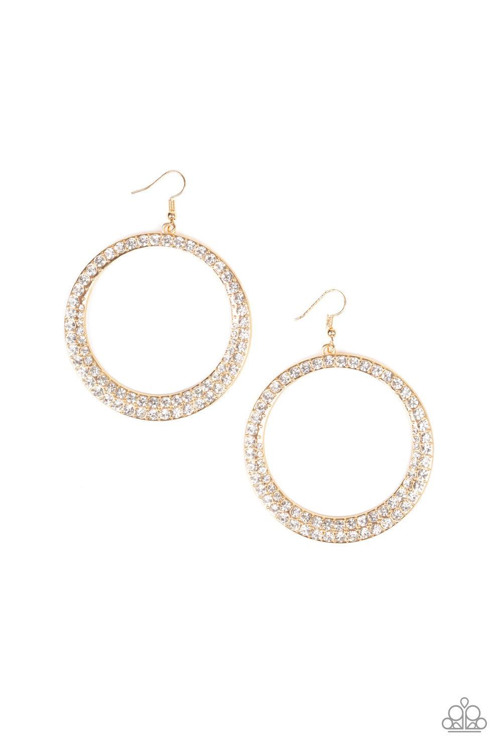 Paparazzi Accessories So Demanding - Gold An oversized gold hoop is encrusted in glittery white rhinestones for a blinding shimmer. Earring attaches to a standard fishhook fitting. Jewelry