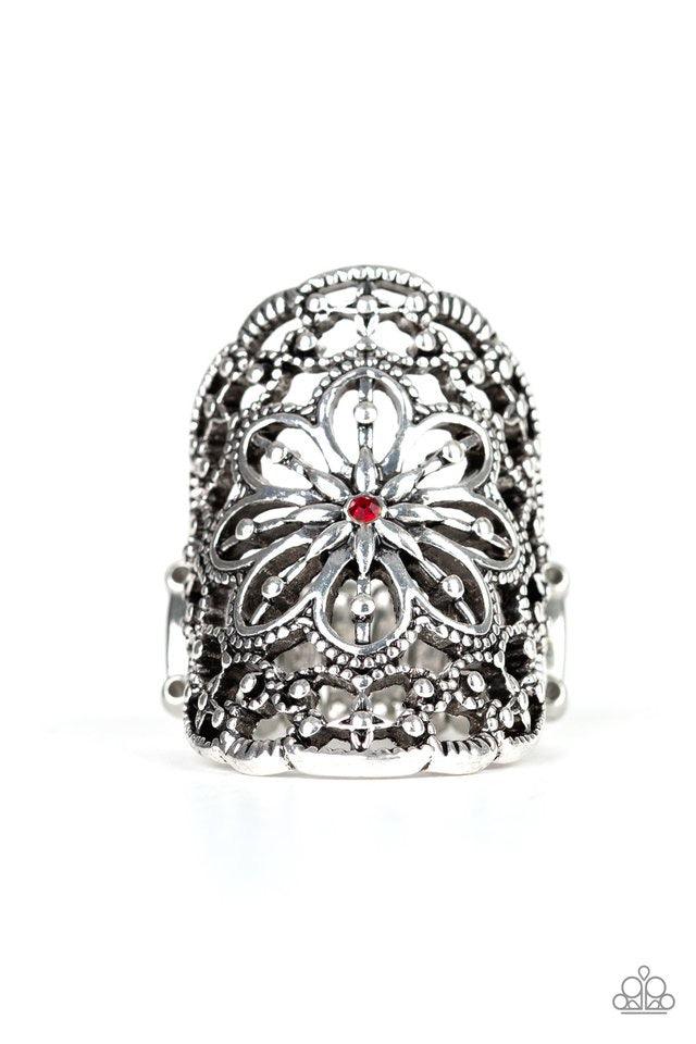Paparazzi Accessories Majestic Mandala - Red Dotted with a dainty red rhinestone center, silver floral filigree branches out across the finger, coalescing into a whimsical frame. Features a stretchy band for a flexible fit. Jewelry