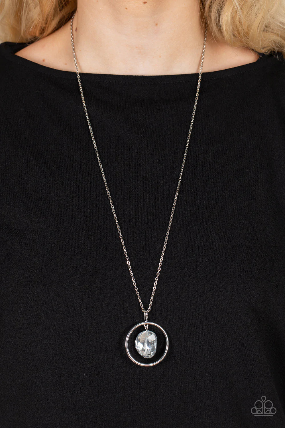 Paparazzi Accessories Hands-Down Dazzling - Silver Featuring an imperfect finish, a smoky iridescent crystal-like gem swings from the top of a classic silver hoop at the bottom of an extended silver chain for a glassy-glamorous fashion. Features an adjust