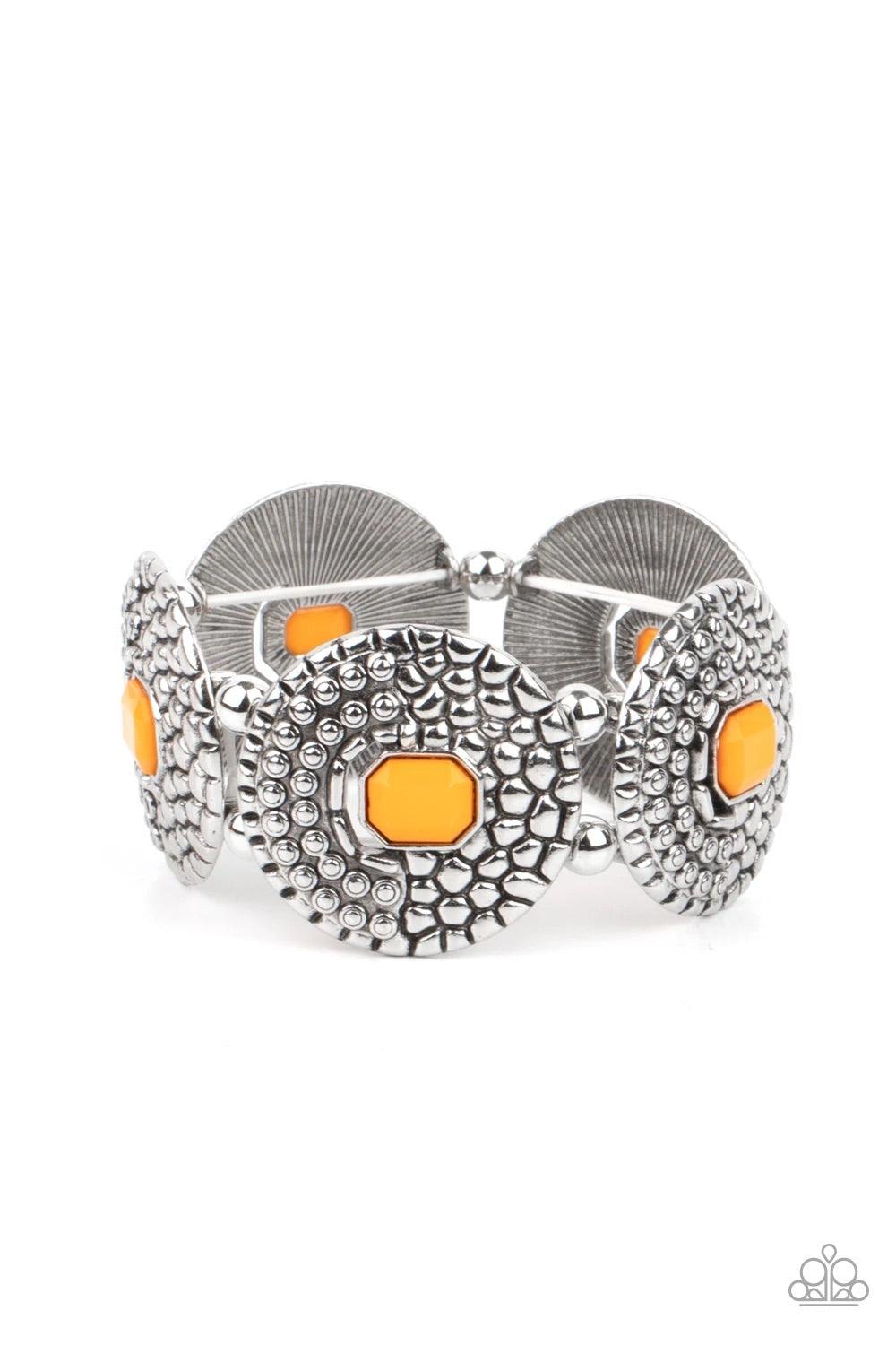Paparazzi Accessories Prismatic Prowl - Orange Marigold emerald shaped beads adorn the centers of round silver discs studded and embossed in metallic croc-like textures. Infused with pairs of silver beads, the decorative frames are threaded along stretchy