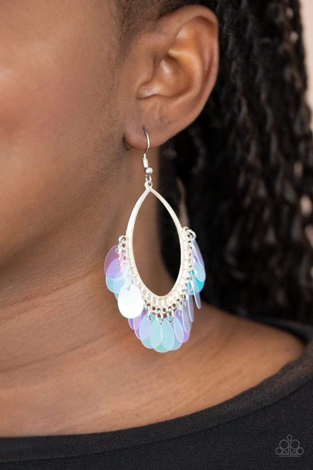 Paparazzi Accessories Mermaid Magic - Multi Iridescent sequins dangle from the bottom of a textured silver oval, creating an effervescent fringe. Earring attaches to a standard fishhook fitting. Sold as one pair of earrings. Jewelry