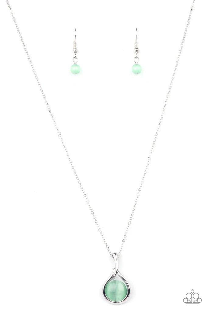 Paparazzi Accessories Fairy Lights - Green A glowing green cat's eye stone is asymmetrically nestled inside a dainty silver fitting, creating an enchanting pendant below the collar. Features an adjustable clasp closure. Sold as one individual necklace. In