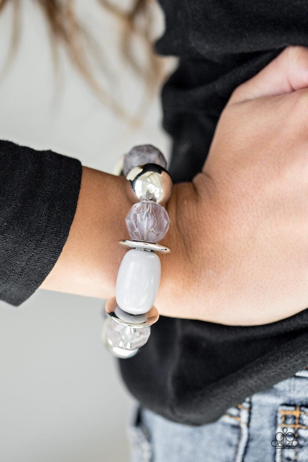 Paparazzi Accessories BAY After BAY - Silver Dramatic silver, neutral gray, and faceted cloudy beads are threaded along a stretchy elastic band, creating a seasonal look around the wrist. Jewelry