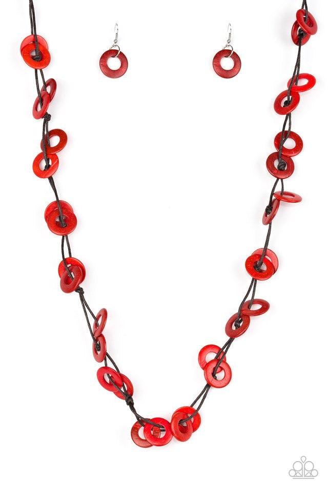 Paparazzi Accessories Waikiki Winds - Red Shiny brown cording knots around fiery red wooden discs, creating a colorful display across the chest. Features a button loop closure. Sold as one individual necklace. Includes one pair of matching earrings. Jewel