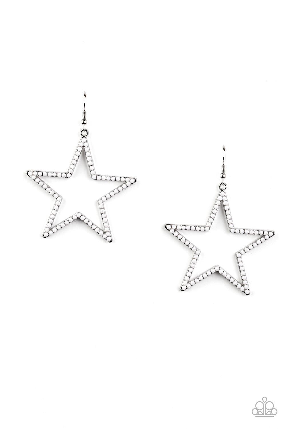 Paparazzi Accessories Count Your Star - White Dotted in dainty white beads, an airy star frame swings from the ear for a patriotic style. Earring attaches to a standard fishhook fitting. Jewelry