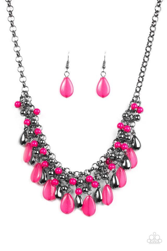 Paparazzi Accessories Diva Attitude - Pink Glistening gunmetal and vivacious pink teardrops drip from the bottom of interlocking gunmetal chains. Matching gunmetal and pink beads trickle down the rows of chain, creating a bold fringe below the collar. Fea