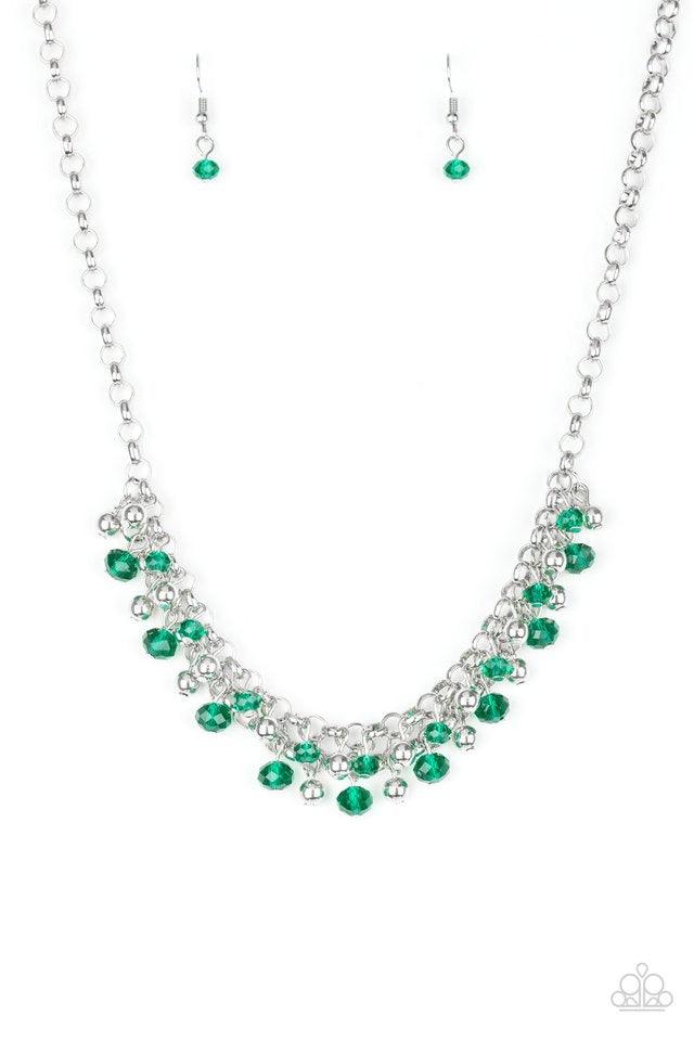 Paparazzi Accessories Trust Fund Baby ~Green Faceted green crystal-like beads and classic silver beads swing from interlocking silver chains, creating a refined fringe below the collar. Features an adjustable clasp closure.