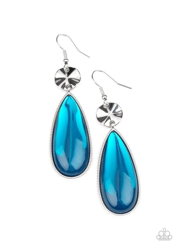 Paparazzi Accessories Jaw-Dropping Drama - Blue A creased silver disc gives way to a dramatically oversized glassy blue teardrop frame, creating a colorful statement. Earring attaches to a standard fishhook fitting. Sold as one pair of earrings. Jewelry