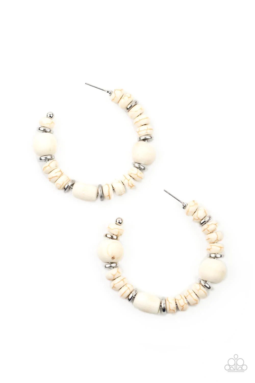 Paparazzi Accessories Definitely Down-To-Earth - White An earthy collection of white stone beads, silver discs, and white wooden beads are delicately threaded along a dainty wire, creating an artisan inspired hoop. Earring attaches to a standard post fitt