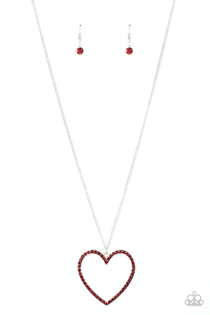 Paparazzi Accessories Va-Va-VALENTINE - Red An oversized silver heart frame is embellished with fiery red rhinestones, resulting in a flirtatious pendant at the bottom of an extended silver chain. Features an adjustable clasp closure. Sold as one individu