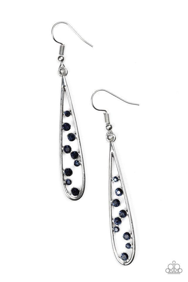 Paparazzi Accessories Here Comes The REIGN - Blue Dainty blue rhinestones tumble down the center of a shimmery silver teardrop, creating an elegant lure. Earring attaches to a standard fishhook fitting. Sold as one pair of earrings. Jewelry