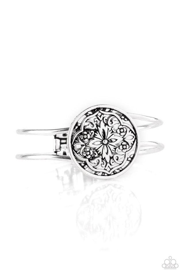 Paparazzi Accessories Mandala Majesty - Silver Brushed in a high-sheen finish, shiny silver filigree spins into a mandala like frame atop a dainty cuff for a whimsical look. Features a hinged closure. Sold as one individual bracelet. Jewelry