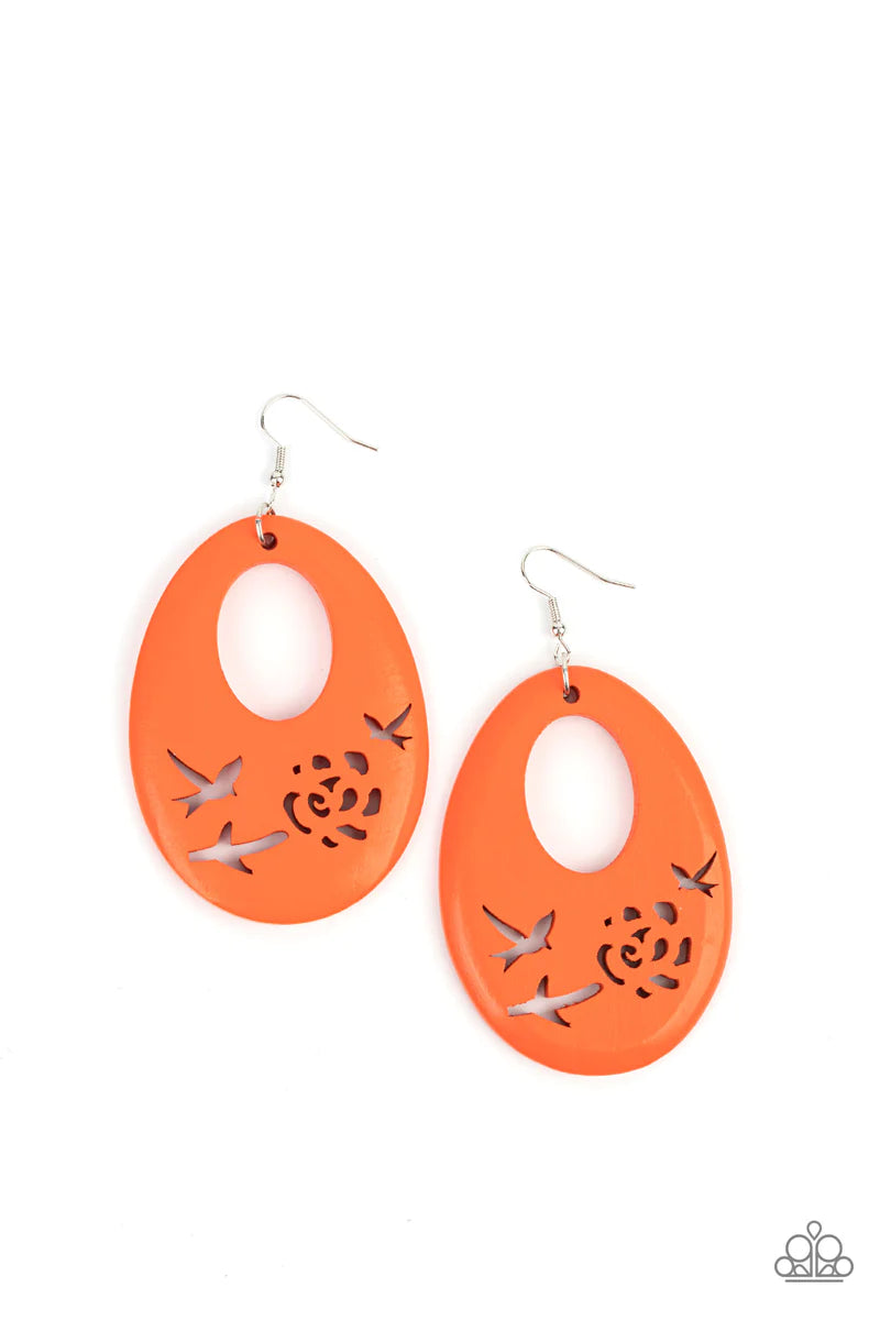 Paparazzi Accessories Home Tweet Home - Orange The bottom of a vivacious orange wooden teardrop frame features bird and floral cutouts, creating a whimsical centerpiece. Earring attaches to a standard fishhook fitting. Sold as one pair of earrings. Jewelr
