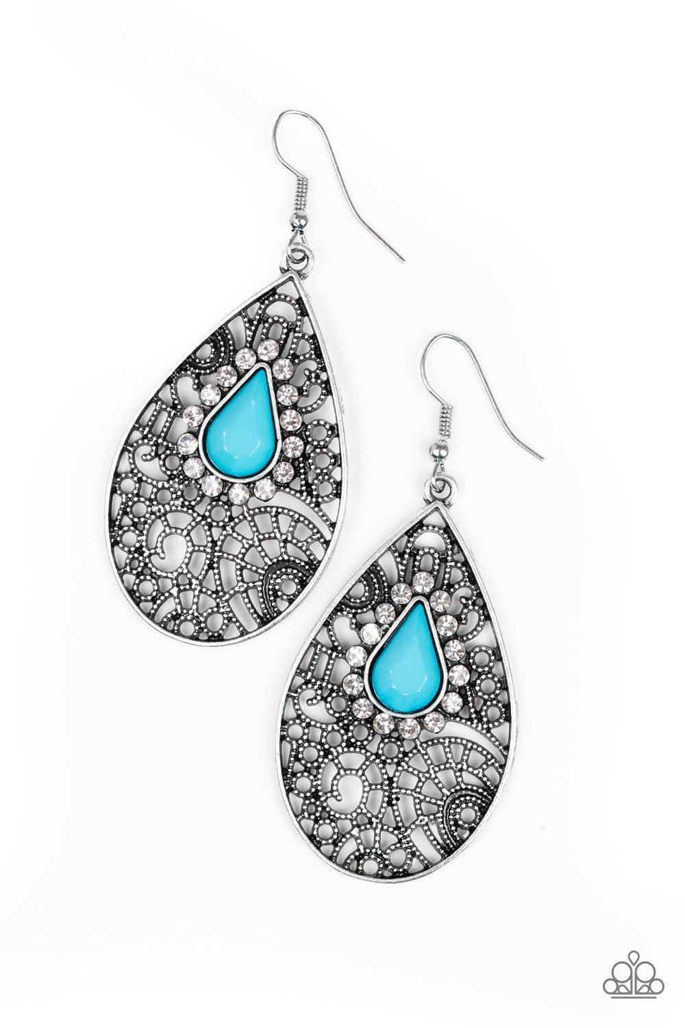 Paparazzi Accessories Modern Monte Carlo - Blue Ringed in glassy white rhinestones, a teardrop blue bead is pressed into a shimmery silver frame radiating with airy filigree for a refined fashion. Earring attaches to a standard fishhook fitting. Jewelry