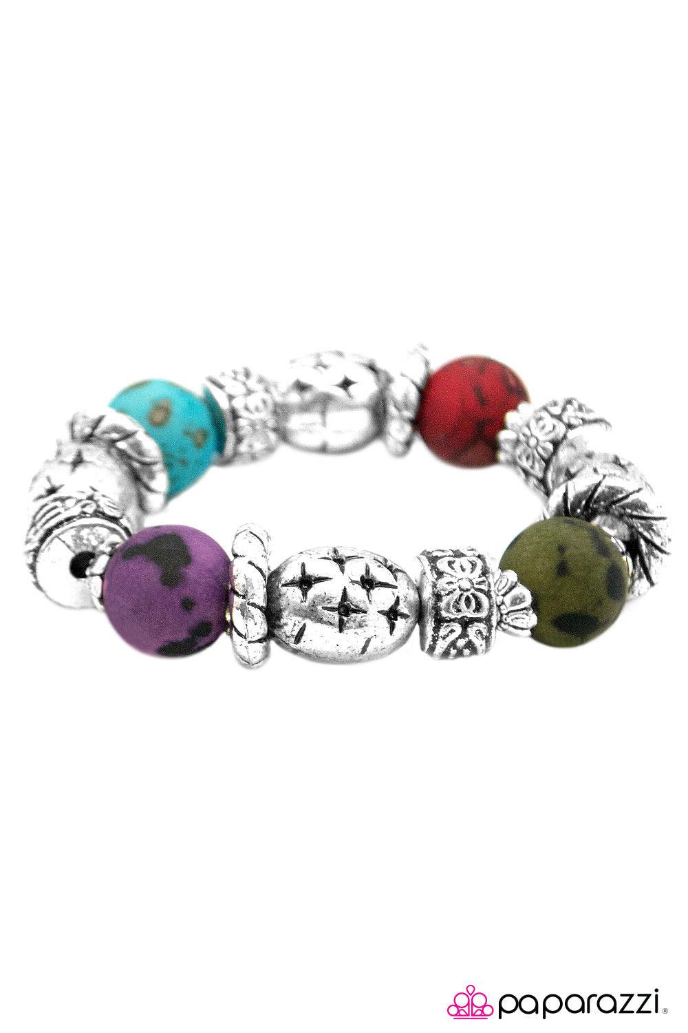 Paparazzi Accessories Go Big Or Go Home - Multi Chunky silver beads adorned in chic floral and abstract patterns are brushed with an antiqued finish for an eye-catching shimmer. Threaded along a stretchy elastic band, the bold silver beads combine with fo
