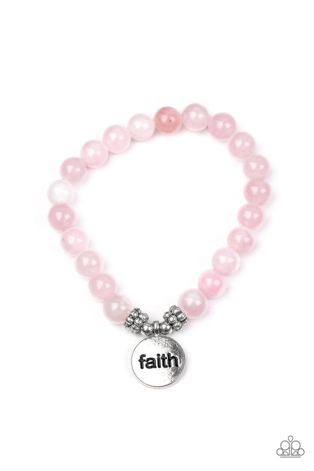 Paparazzi Accessories Faith It, Till You Make It - Pink A refreshing collection of glassy stone beads are threaded along a stretchy band around the wrist for a seasonal flair. A shimmery silver disc stamped in the word, "faith," swings from the wrist for