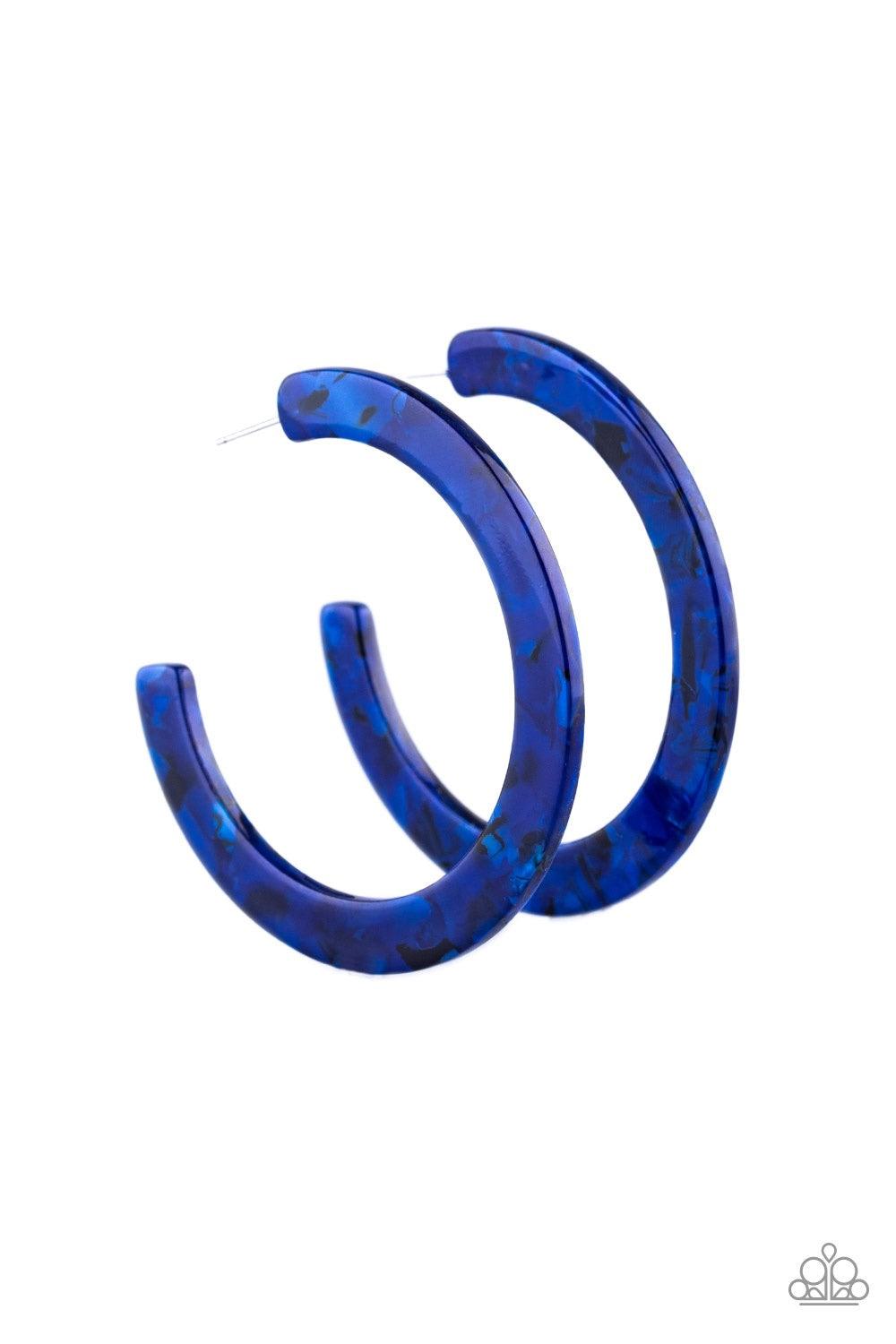 Paparazzi Accessories HAUTE Tamale - Blue Featuring a faux-marble finish, a blue acrylic hoop curls around the ear for a retro-radiant look. Earring attaches to a standard post fitting. Hoop measures approximately 2 1/4" in diameter. Jewelry