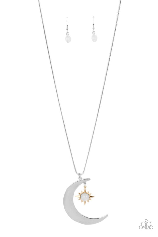 Paparazzi Accessories Astral Ascension- Multi An opaque white bead is pressed into the center of a gold star that dances from the top of a silver half moon pendant, creating a celestial pendant at the bottom of a lengthened silver snake chain. Features an