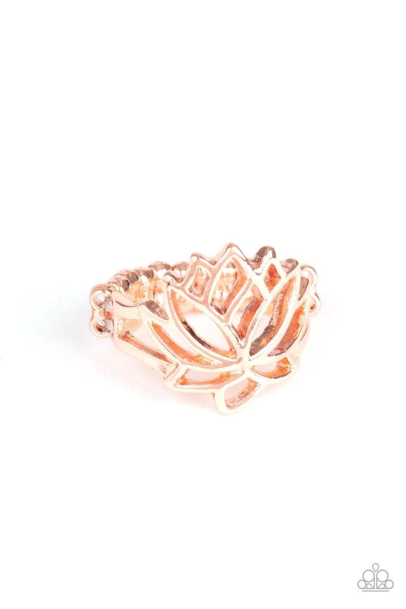Paparazzi Accessories Lotus Lover - Copper Dainty shiny copper bars delicately climb the finger, blooming into a whimsical lotus centerpiece. Features a dainty stretchy band for a flexible fit. Jewelry